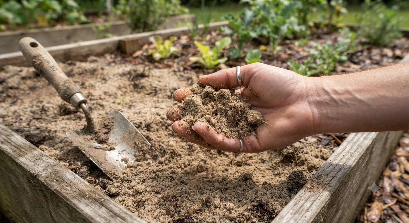 A handful of loose, sandy Florida garden soil held above a raised bed with a hand trowel
