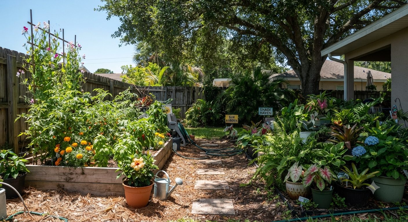 A shaded garden path lined with containers and flowering plants under a large oak tree, next to a sunnier bed