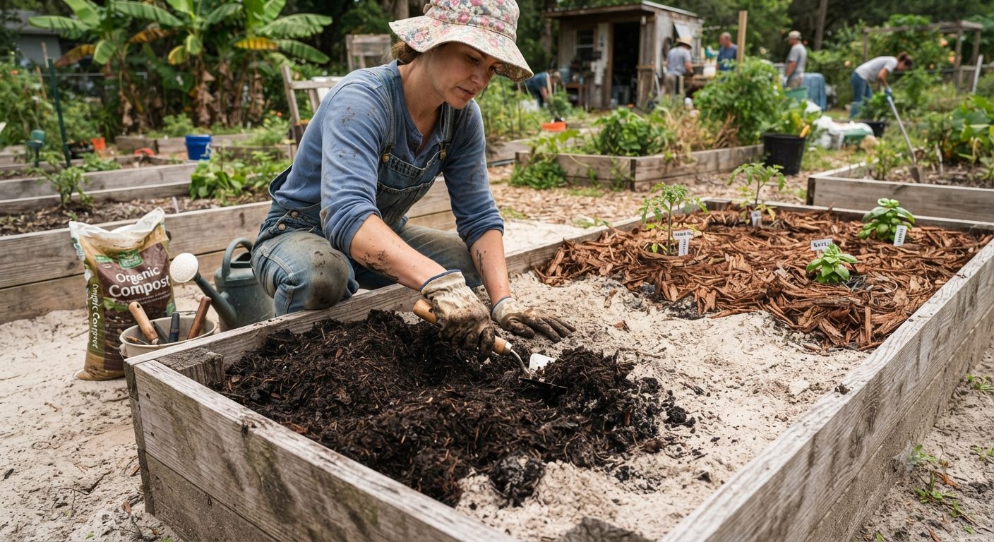 A gardener working compost into sandy soil in a raised bed to improve fertility