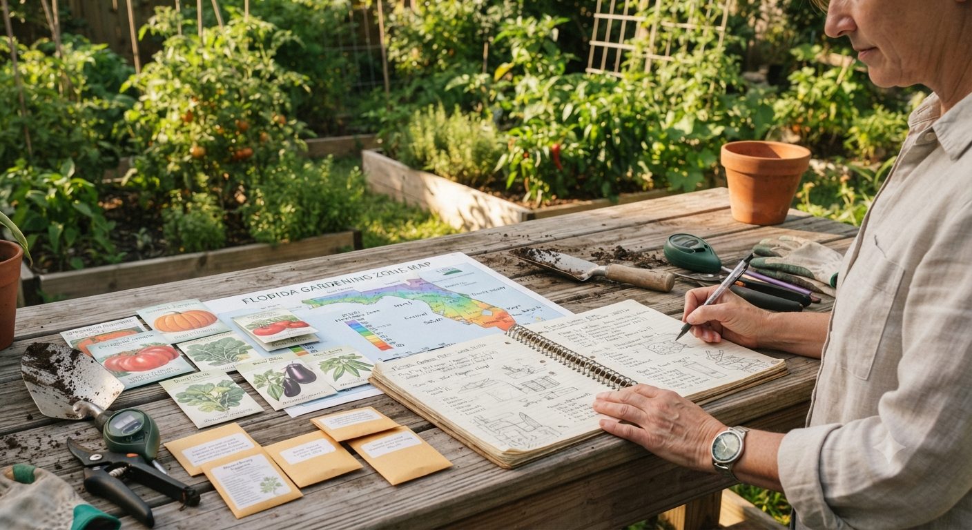 A Florida gardening zone map laid out on a potting table alongside seed packets and a garden journal