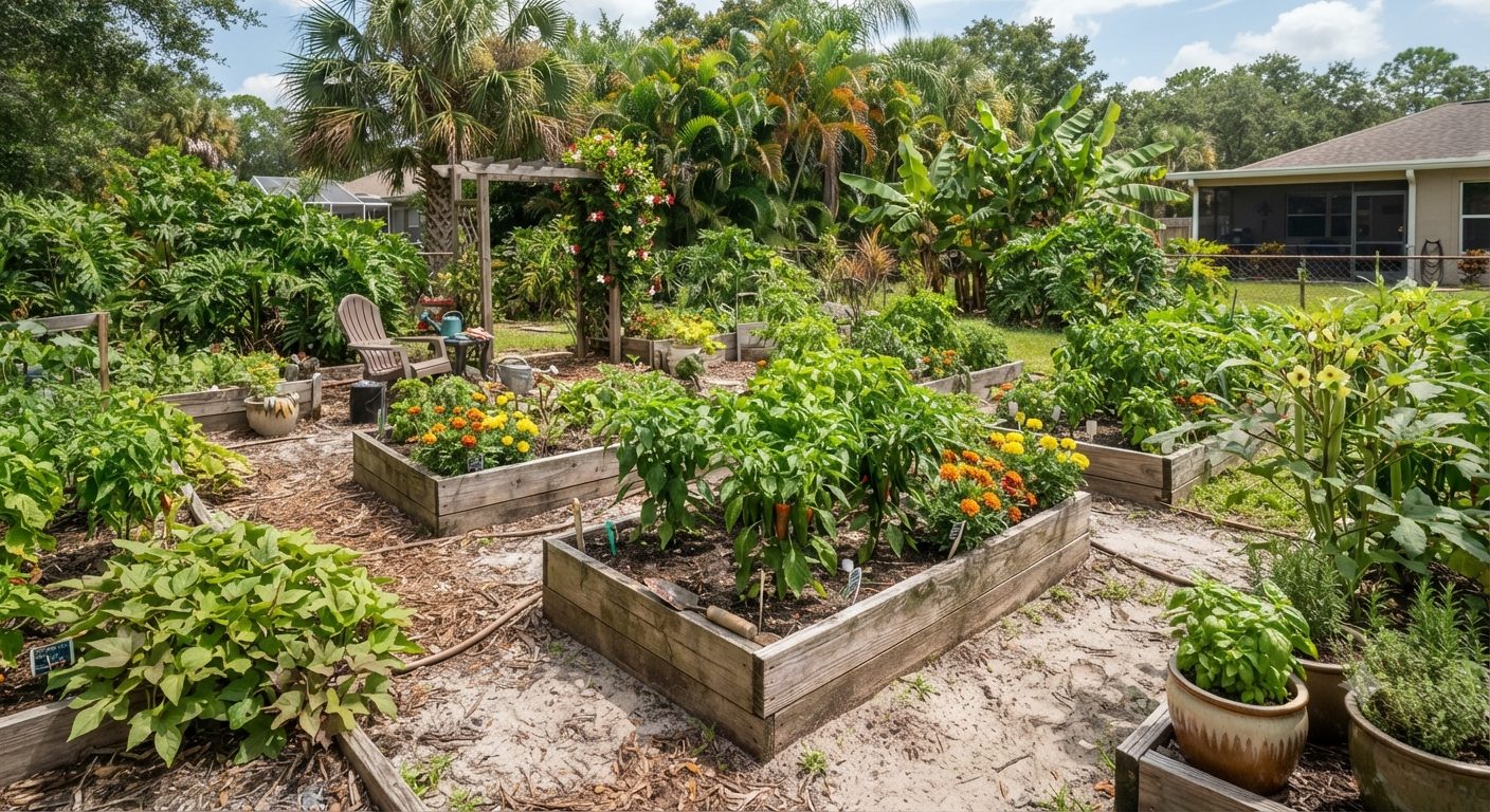 Raised garden beds full of peppers, marigolds, and sweet potatoes in a Central Florida backyard garden